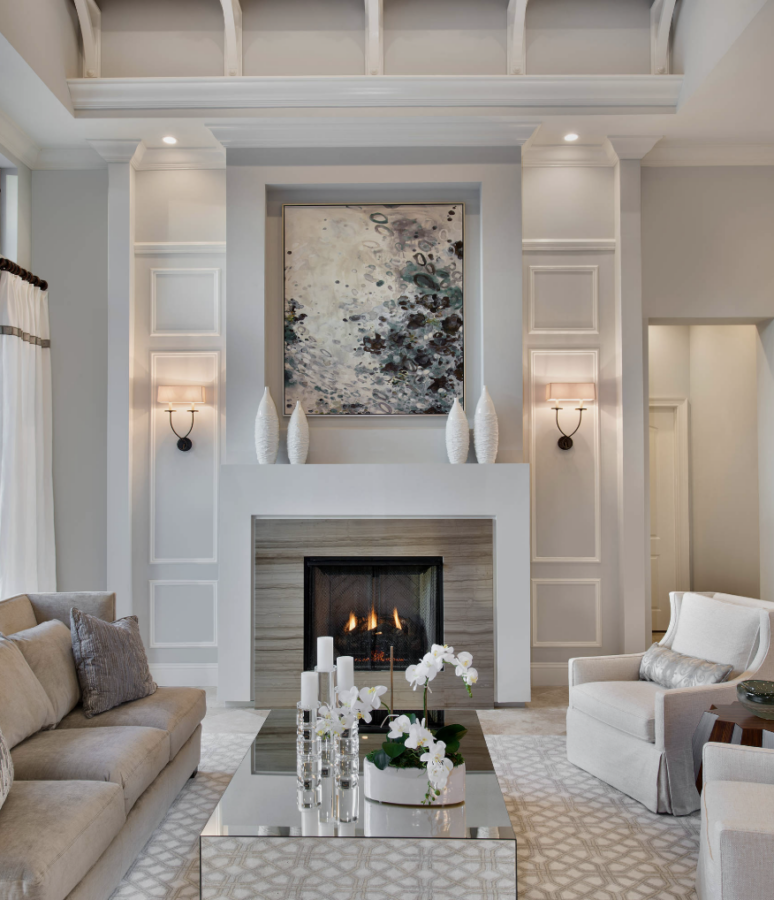 Modern white living room with wall lighting